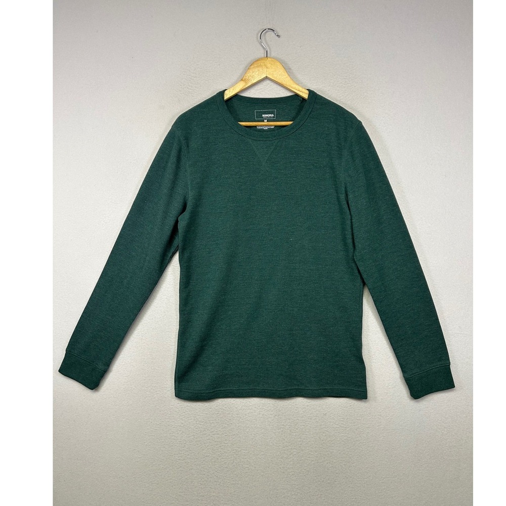 Gorpcore Sonoma Mens Med‎ Green Waffle Knit Thermal Long Sleeve Crew Neck Shirt